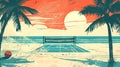 Sunset beach with volleyball net, surrounded by tropical palms. Stylized volleyball beach setting in a vintage poster Royalty Free Stock Photo