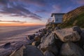 Sunset at beach at West Coast in California with lifeguard tower, USA Royalty Free Stock Photo