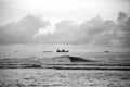 Sunset with beautiful Landscape monochrome views of traditional wooden as moon boats on the beach near Royalty Free Stock Photo