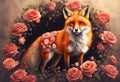 Sunset Beauty: Full Body Fox in Rose Flowers Rose Flower Fox