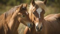 Sunset beauty in nature two horses grazing outdoors generated by AI Royalty Free Stock Photo