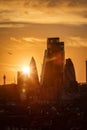 Sunset behind the modern skyscrapers of the City of London Royalty Free Stock Photo