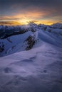 Sunset behind Mount Marmolada as seen from Passo Giau, in Cortina d`Ampezzo in the italian dolomites Royalty Free Stock Photo