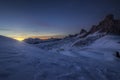 Sunset behind Mount Marmolada as seen from Passo Giau, in Cortina d`Ampezzo in the italian dolomites Royalty Free Stock Photo