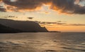 Sunset behind the mountains around Hanalei Bay on north shore of Kauai in Hawaii Royalty Free Stock Photo