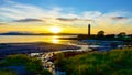 Sunset behind the Pencil monument in Largs. Royalty Free Stock Photo