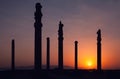 Sunset behind Silhouette of Apadana Palace Ruins in Persepolis Archeological Site of Shiraz Royalty Free Stock Photo