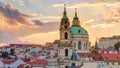 Sunset behind St Nicolas timelapse in Mala Strana in Prague