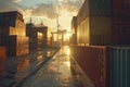 Sunset behind stack of cargo containers Royalty Free Stock Photo
