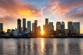 Sunset behind the urban skyline of Canary Wharf, London