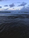 Sunset behind Waioli Streem Entering Pacific Ocean in Hanalei Bay on Kauai Island, Hawaii. Royalty Free Stock Photo