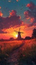 Sunset behind windmill in field. Royalty Free Stock Photo
