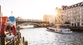 Sunset in Berlin - Panoramic angle of Friedrichstrasse railway station and bridge over Spree river - Urban travel concept around Royalty Free Stock Photo