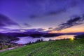 Sunset on Bicaz lake and mountain landscape