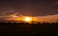 Red sky background and sunset over the rice fields in the evening sky in countryside of Thailand. Royalty Free Stock Photo