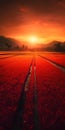 Sunset with a Big Red Sun Setting on the Rice Fields Horizon. Generative ai Royalty Free Stock Photo