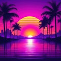 Sunset with big sun in miami disco style Retro synthwave Background s