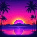 Sunset with big sun in miami disco style Retro synthwave Background s