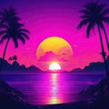 Sunset with big sun in miami disco style Retro synthwave Background s