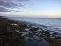 Sunset at Black Reef Covered with Seaweed in Winter in Kapaa on Kauai Island, Hawaii.