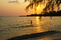 Sunset with black shadow of traveler at beach