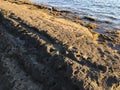 Sunset at Black and White Sand Beach  with Reef in Winter in Kekaha on Kauai Island, Hawaii - Niihau Island in Horizon. Royalty Free Stock Photo