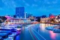 Sunset Blue Hour at Clarke Quay on Singapore River With Boat Light Trails Royalty Free Stock Photo