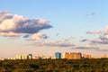 Sunset blue and pink sky over city and forest