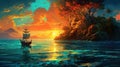 At sunset, a boat floating on turquoise waters and pleasant people around. It is a landscape where colors merge as reflections