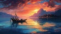 At sunset, a boat floating on turquoise waters and pleasant people around. It is a landscape where colors merge as reflections