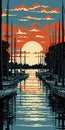 Sunset Boats At Annapolis Harbor In Woodcut-inspired Style