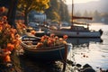 at sunset boats on the docks with seagulls flying and sun setting, in the style of photo-realistic landscapes, romantic landscapes