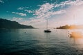 Sunset boats on lake Geneva in Montreux Royalty Free Stock Photo