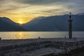 Sunset at Boka Kotor Bay, near town of Perast, Montenegro. View from Gospa od Skrpjela the island Our Lady of the Rocks Royalty Free Stock Photo