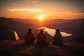 Sunset bonding Group of friends enjoys mountain view during camping