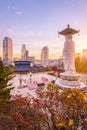 Sunset at Bongeunsa temple of downtown skyline in Seoul City, South Korea. Royalty Free Stock Photo