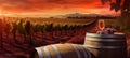 sunset bottle glass wine grape drink barrel beverage winery alcohol. Generative AI. Royalty Free Stock Photo