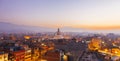 Sunset at the Boudhanath stupa Kathmandu Nepal.Colorful panorama cityscape in twilight sunset.