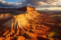 Sunset at the Buttes of Capitol Reef National Park in United States, Aerial view of a sandstone butte in the Utah desert valley at