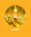 Sunset button with sunny forest and sun behind trees vector Royalty Free Stock Photo