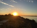 Sunset and cable bridge from Finley& x27;s dike