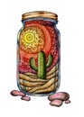 Sunset and cactus in a jar watercolor