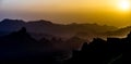 Caldera de Tejeda, Degollada de las Palomas, misty mountain layer shades landscape panorama from Pico de la Gorra, Gran Canaria Is