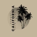 Sunset California Palm Paradise logo badge on beige background graphics for t-shirts and other print production. Vintage halftone