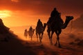 At sunset, cameleers lead camels through the picturesque Thar Desert