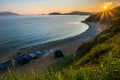 Sunset camping view on the beach of isle Putyatin Royalty Free Stock Photo