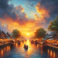 Sunset at Canal with Oil Painting Style, Traditional, Retro, Digital Artwork