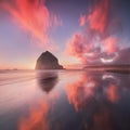 The Sunset at Cannon Beach with Dramatic clouds in the background and a nice reflection in water. Dramatic coastal seascape. Royalty Free Stock Photo