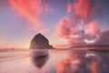 The Sunset at Cannon Beach with Dramatic clouds in the background and a nice reflection in water. Dramatic coastal seascape. Royalty Free Stock Photo