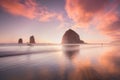The Sunset at Cannon Beach with Dramatic clouds in the background and a nice reflection in water. Dramatic coastal seascape. Royalty Free Stock Photo
